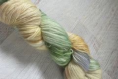 Close up photo of a hand dyed skein of sock weight yarn against a solid background. The skein is twisted and shows a variety of color.