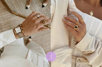 Two pictures of a woman wearing a white dress and a gold ring, possibly as gifts from The Jewel Pick box by thejewelpick.