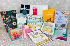 Bette's Box of Blessings subscription box featuring faith-themed items, including devotionals, cards, and inspirational gifts