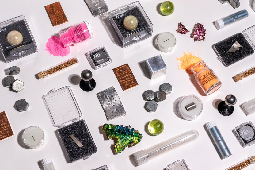 A variety of pure element samples and scientific artifacts from the Matter subscription box for curious minds