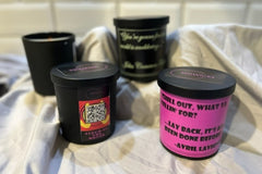 An example of our scented candles that come in our Album of the month subscription box. QR Code Included. Fragrances and quotes will vary.