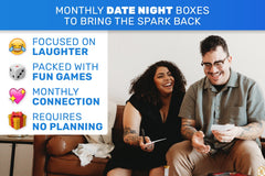 couple laughing on couch playing games from a date night subscription box focused on laughter, packed with fun games, connection