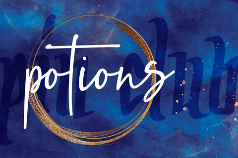 Potions Club main listing image. Potions written in white cursive font, over a golden circle on a blue, watercolor background.