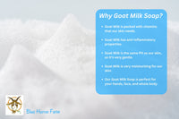 Picture of goat milk soap bubbles with text overlayed about why we should choose goat milk soap for it's benefits for our skin.