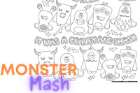 Up close illustration of our Monster Mash coloring page with adorable little monsters smiling and dancing. Words it was a graveyard smash.