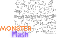 Up close illustration of our Monster Mash coloring page with adorable little monsters smiling and dancing. Words it was a graveyard smash.