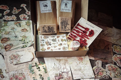 Gardening themed stationery box- vintage box DM36EOYR23H
different kinds of stamps, washi, pattern paper, and stickers that you can use in y