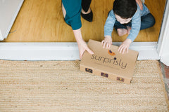 Mom and her little one receiving their Surprisly box at their doorstep