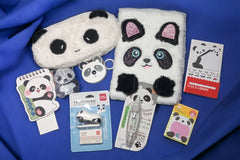 Precious Panda Stationery Set. Includes fuzzy journal, correction tape, measuring tape,  stapler, sticky notes, iron on patch, pencil case.
