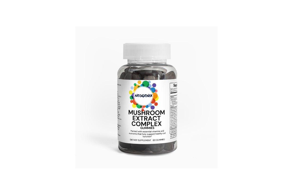 a transparent bottle with a white label that says Mushroom Extract Complex with black font. The brand is from Neogenix. 
