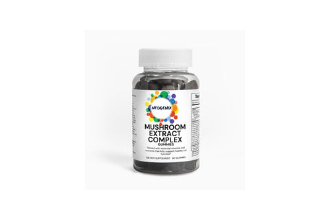 a transparent bottle with a white label that says Mushroom Extract Complex with black font. The brand is from Neogenix. 
