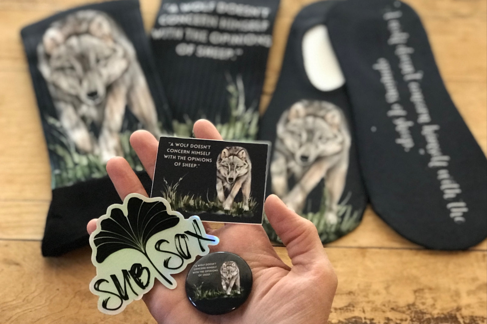Pictured here are a pair of crew socks, and no-show socks, with stickers and a pin.  Boxes will vary with pins, stickers, or magnets.