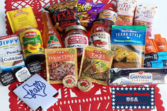 Salsa, Texas Tea, mexican cornbread mix and honey, mexican seasonings, makings for peach cobbler, corn chips, bean dip, and cookies.