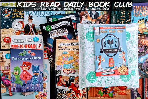 Three colorful children's books from the Kids Read Daily Book Club: "My Family and Me," "The Thrifty Guide to Ancient Rome," and "Freddie Mole, Lion Tamer"