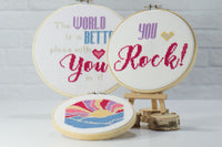 3 modern cross stitch design you create DIY with positive words and groovy style sun and waves with thread, fabric, embroidery hoops