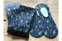 Fly Fishing crew and no-show socks with a beautiful rich blue background.  The fly fishing hooks are also in beautiful colors as well.
