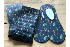 Fly Fishing crew and no-show socks with a beautiful rich blue background.  The fly fishing hooks are also in beautiful colors as well.