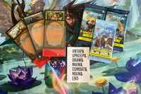Contents of the June Magic: The Gathering subscription box spread out across a colorful Magic: The Gathering background.