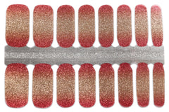 A complete set of Sparkling Rosé Nail Wraps. A mix of red, orange and golden colors mixed into an ombre pattern.