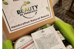 Beauty by Francesca Subscription Box - sample of box presentation with theme card, body butter and facial wash.