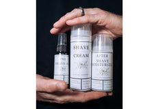 Subscription box includes Pre-shave oil, Shave Cream and After Shave Moisturizer.  Masculine, musk scents or unscented.