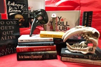 Items from a My Thrill Club subscription box, including stacks of scary and thrilling books, a scary mask and a skull.
