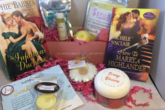 Bubbles & Books subscription box featuring a romantic novel, handmade soap, and bath products for relaxation