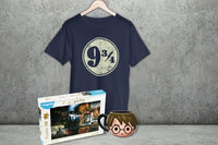 A blue tshirt with the 9 3/4 Harry Potter Platform logo. A Harry Potter Train Puzzle. A HArry Potter 3D sculpted face mug.