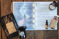 BOX CONTAINING OHM BOX ITEMS FOR THIS THEME: SACRED GEOMETRY                                                           