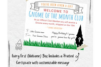 Gnome of the Month Club subscription box displayed on a front porch surrounded by neatly trimmed bushes