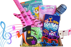 Colorful activity sheets from The Storytime Box featuring counting and addition exercises for children in a subscription box