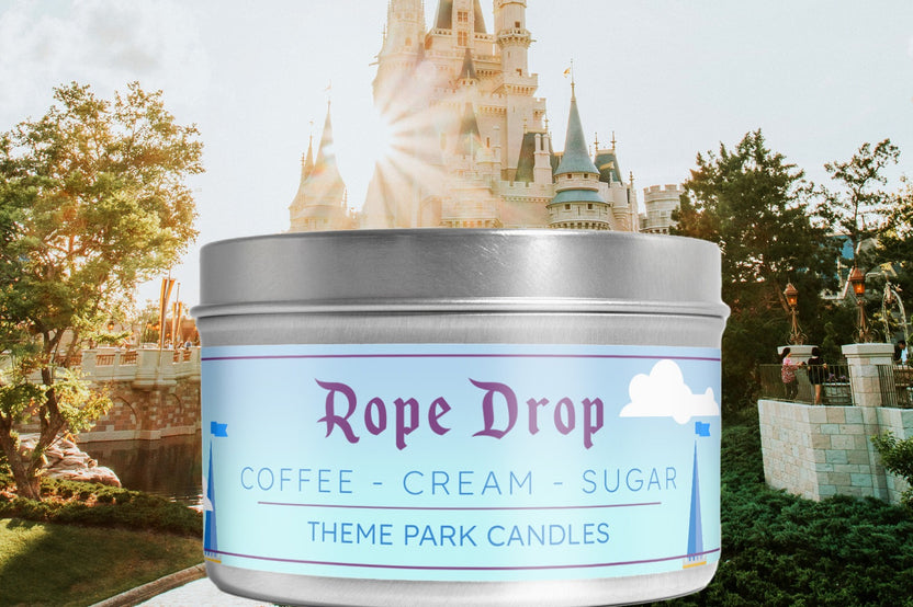 Rope Drop Soy Wax Candle by Theme Park Candles. This candle smells like an eye-opening blend of rich coffee, sugar, and cream.