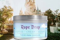 Rope Drop Soy Wax Candle by Theme Park Candles. This candle smells like an eye-opening blend of rich coffee, sugar, and cream.