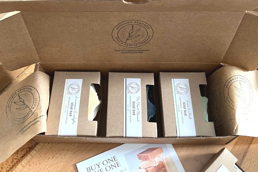 A gift box of Soothing Remedies Bar Soap Box.