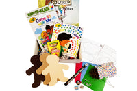 Colorful activity sheets from The Storytime Box featuring counting and addition exercises for children in a subscription box