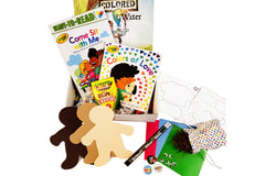 Colorful activity sheets from The Storytime Box featuring counting and addition exercises for children in a subscription box