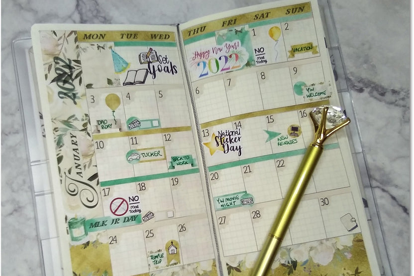 A gift with a Functional Planner Sticker Kit for Hobonichi Weeks Planners by Best Laid Plans and a pen.