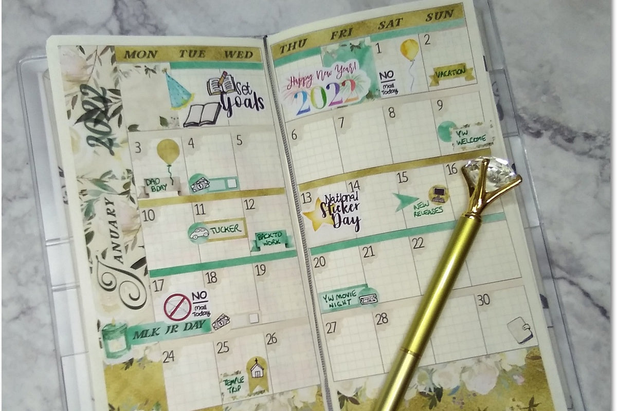 A gift with a Functional Planner Sticker Kit for Hobonichi Weeks Planners by Best Laid Plans and a pen.