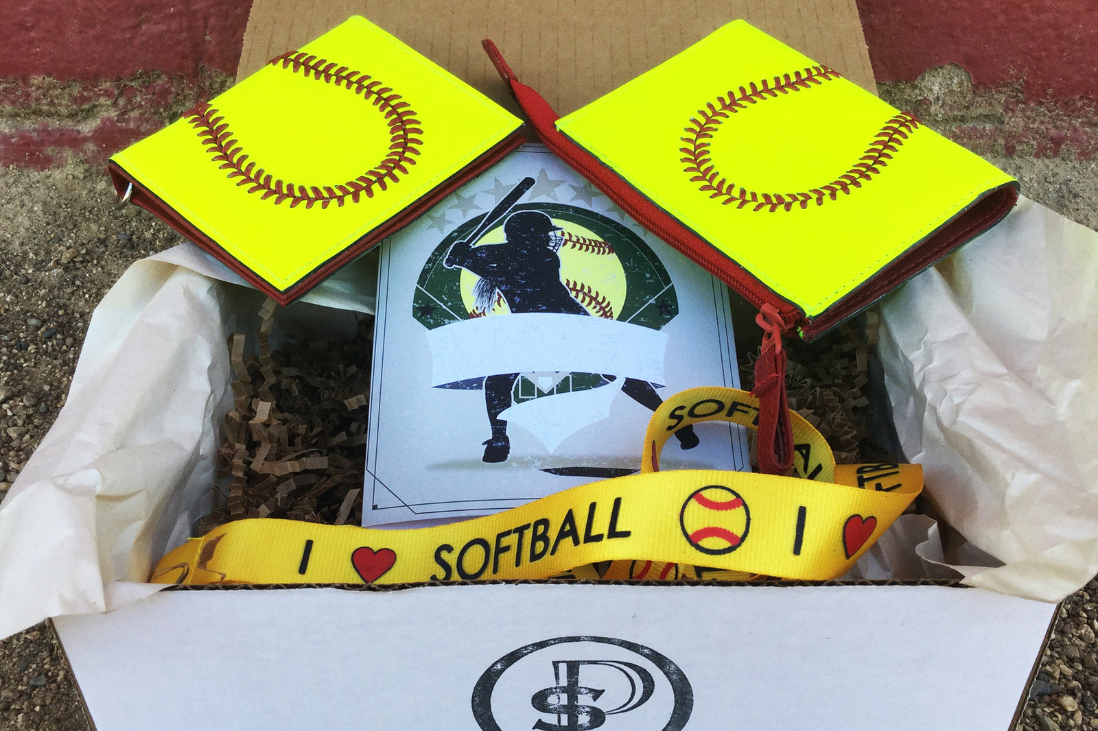 Pro Style Sports softball lover's gift box with a softball coin purse or ID holder, softball lanyard, and greeting card