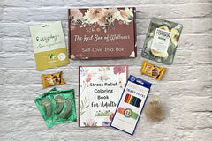 The Stress Relief Adult Coloring Book Box will include a book, an adult coloring book, colored pencils, as well as 2 - 3 self-care products.