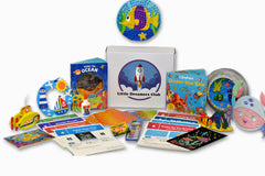 Your Under the Sea Adventure begins now! This box is packed with 7 fun crafts, an ocean themed book, art supplies, and an activity pack.