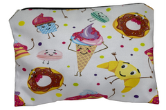 Polyester accessory bag.  Measures 8"x5.5" with zipper.  Perfect for lip gloss, money, ID, keys, hair ribbons, ect.