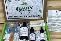 Beauty by Francesca Subscription Box with facial wash, facial serum, facial oil and bamboo facial brush.