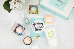 Spring Time Bath Bevy Subscription box with bath bombs, whipped soap scrub, hand sanitizer spray, bubble bar and epsom salt