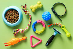 Food bowl with small bite kibble, rope toy, teething toys, and squeaky toys. Also includes a dog grooming brush. 