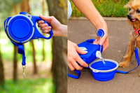 Extendable leash, allowing your dog to walk at a safe distance, also includes an attached water bottle to keep your dog hydrated. 