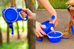Extendable leash, allowing your dog to walk at a safe distance, also includes an attached water bottle to keep your dog hydrated. 