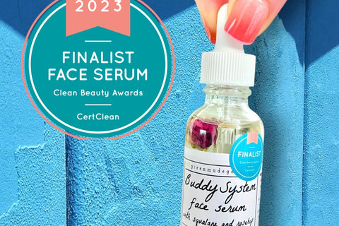 The Buddy System Face Serum by Greenmade goods with the Clean Beauty Award Seal in the left hand corner.