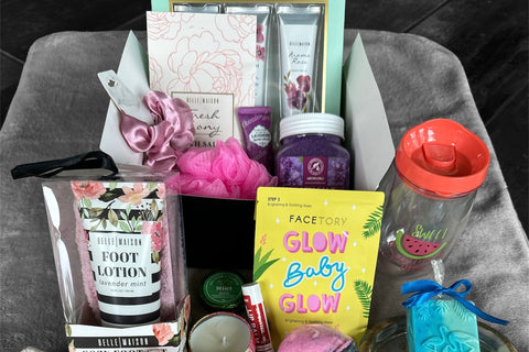 Enjoy bath bombs, handmade soap, mugs, lotions & face masks for a relaxing night in. Full sized & samples. 