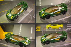 The Hot Wheels monthly subscription box containing a personalized car with name, display case, additional new cars, and accessories.